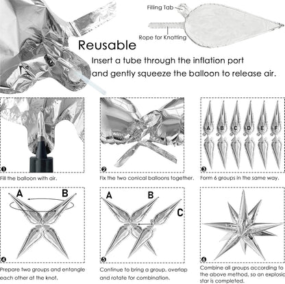 ZAKVOOR 60 Pcs Star Balloons 12 Spike Foil Explosion Party Decoration Balloons for Christmas New Year Eve Birthday (Silver)