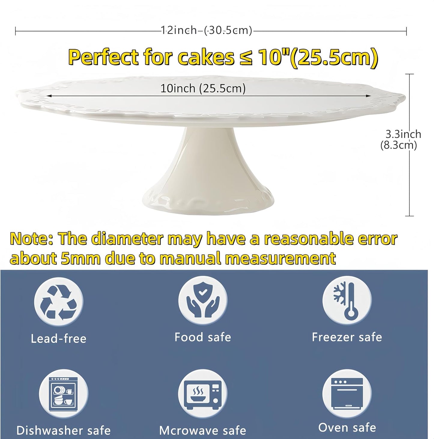 10 Inch White Ceramic Cake Stand (Holds 10 Inch Cake), Decorative Cupcake Stand, Dessert Display Plates for Snacks and Cookies, Baby Shower, Birthday, Wedding Party Decor