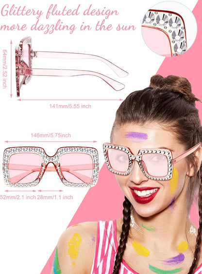 Flutesan 12 Pairs Women Disco Sunglasses Crystal Oversized Sunglasses 70s Rhinestone Diamond Retro Glasses for Rave Festival