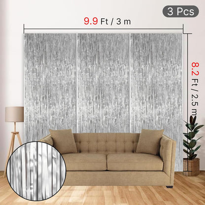 PartyWoo Silver Streamers 3pcs Tinsel Backdrop 8.2FT Metallic Tinsel Foil Fringe Streamer Curtains Party Photo Booth Backdrop for Graduation Baby Shower Bachelorette Wedding Disco Party Decorations