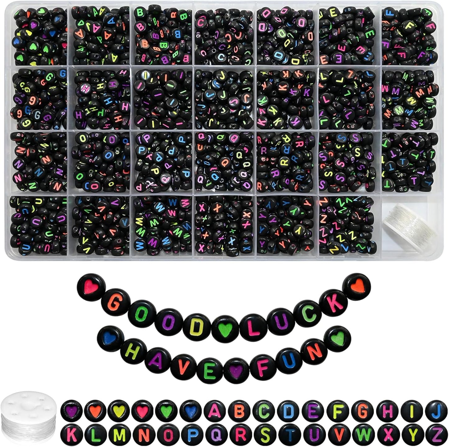 Amaney 1400pcs Glow Letter Beads, Heart Beads Whit Elastic Beading Cord,4x7mm Round Acrylic Alphabet Beads for Friend Bracelet Jewelry Making
