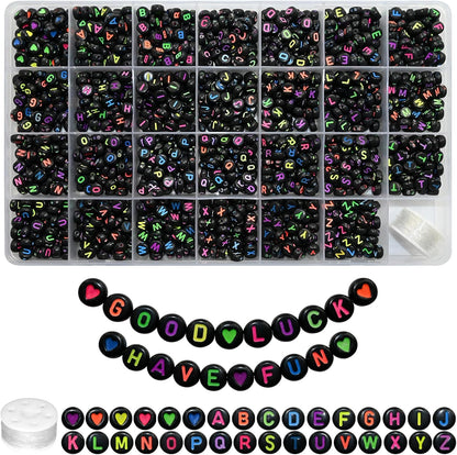 Amaney 1400pcs Glow Letter Beads, Heart Beads Whit Elastic Beading Cord,4x7mm Round Acrylic Alphabet Beads for Friend Bracelet Jewelry Making