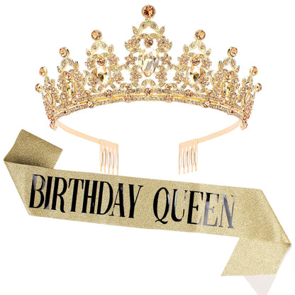 CAVETEE Red Black Birthday Crown and Sash for Women Sash & Rhinestone Tiara Set Red and Black Party Decorations Birthday Queen Crowns Tiaras for Women