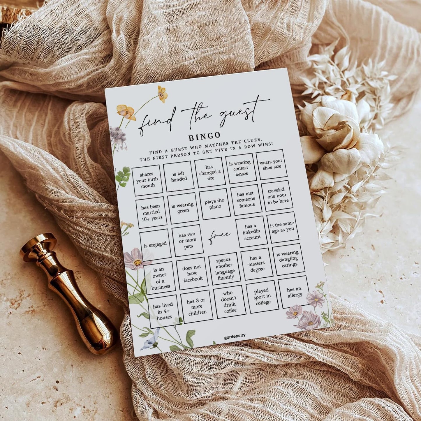GardenCity Find The Guest Bingo Game Cards, Bridal Shower Games, Baby Shower Bingo, Wedding Game, 50 Cards - Wildflower