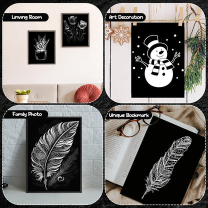 Noveread 67 Pcs Scratch Paper Art Set Scratchboard Craft Kits Black Coated Scratch Paper Wood Art Stylus and Stencils for DIY Birthday Party Gift Supplies (7.2 x 5 Inch)