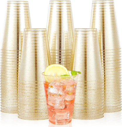 JOLLY CHEF 100 Pack 12 oz Gold Plastic Cups, Disposable Gold Cups, Heavy-duty Party Glasses for Wedding, Thanksgiving, Christmas Parties