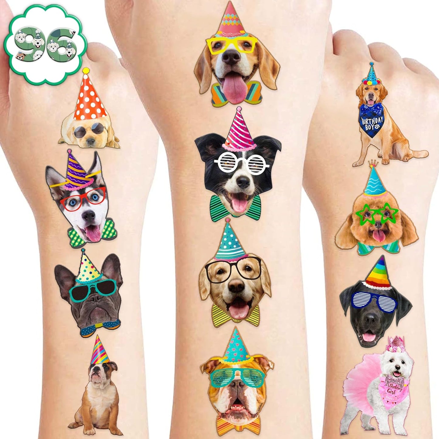 96PCS Dog Party Temporary Tattoos Stickers for Kids – Pre-Cut, Waterproof & Skin-Safe | Cute Puppy Theme 1st 2nd Birthday Supplies, Party Favors, Decorations (Normal)