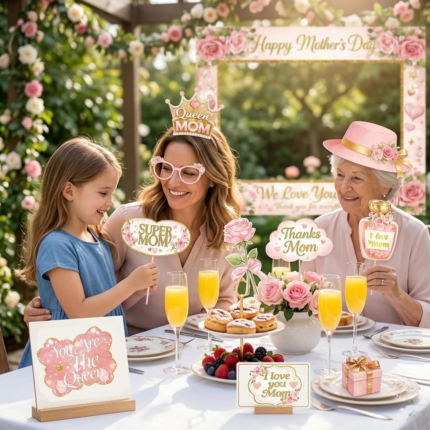 Mother's Day Decorations Photo Booth Props with Large Frame, 23 PCS Pink Floral Mother's Day Party Supplies, Best Mom Ever Celebration Backdrop, Selfie Props for Mother's Day Party & Brunch