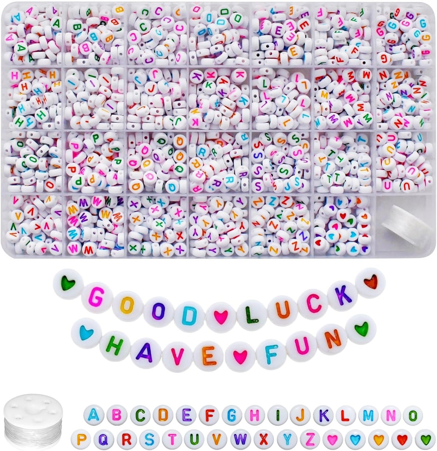 Amaney 1400pcs Glow Letter Beads, Heart Beads Whit Elastic Beading Cord,4x7mm Round Acrylic Alphabet Beads for Friend Bracelet Jewelry Making