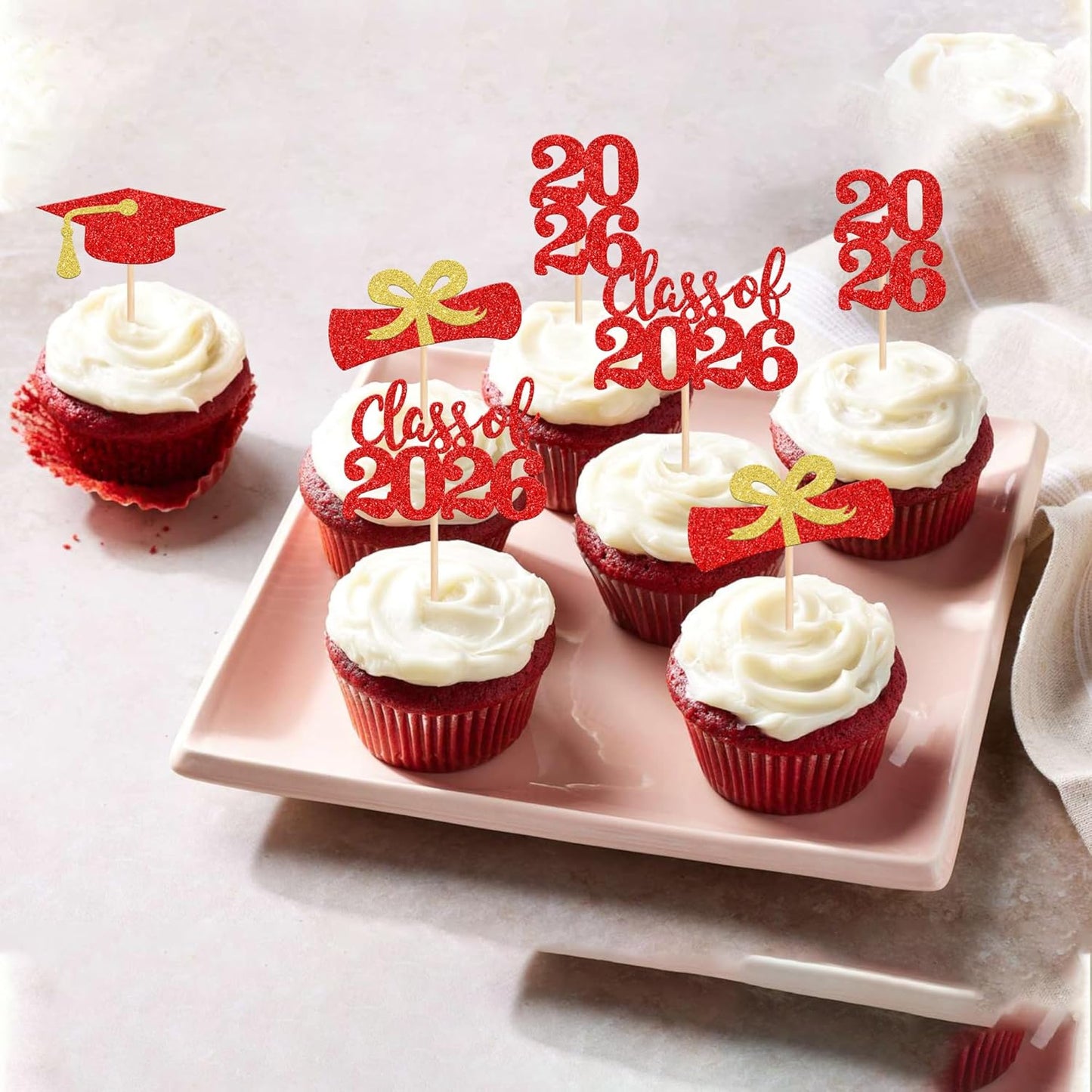 36 PCS 2026 Graduation Theme Cupcake Toppers Glitter Class of 2026 Grad Cap Diploma Cupcake Picks 2026 Graduation Theme Party Cake Decorations Supplies Deep Blue