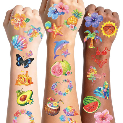 96 PCS Glitter Hawaiian Pre-Cut Temporary Tattoos, Tropical Fake Tattoo Stickers for Luau Party, Aloha Theme, Beach Summer Party Decorations & Party Favors