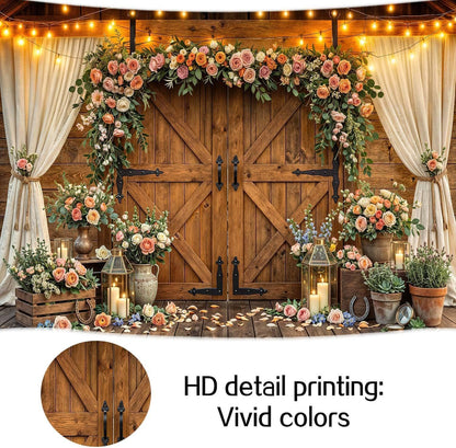 10x8ft Country Wedding Photography Backdrop Rustic Barn Door Photography Backdrop Farmhouse Pink Flower Cabin Wooden Birthday Baby Shower Wedding Bridal Party Banner Photo Booth Props Background