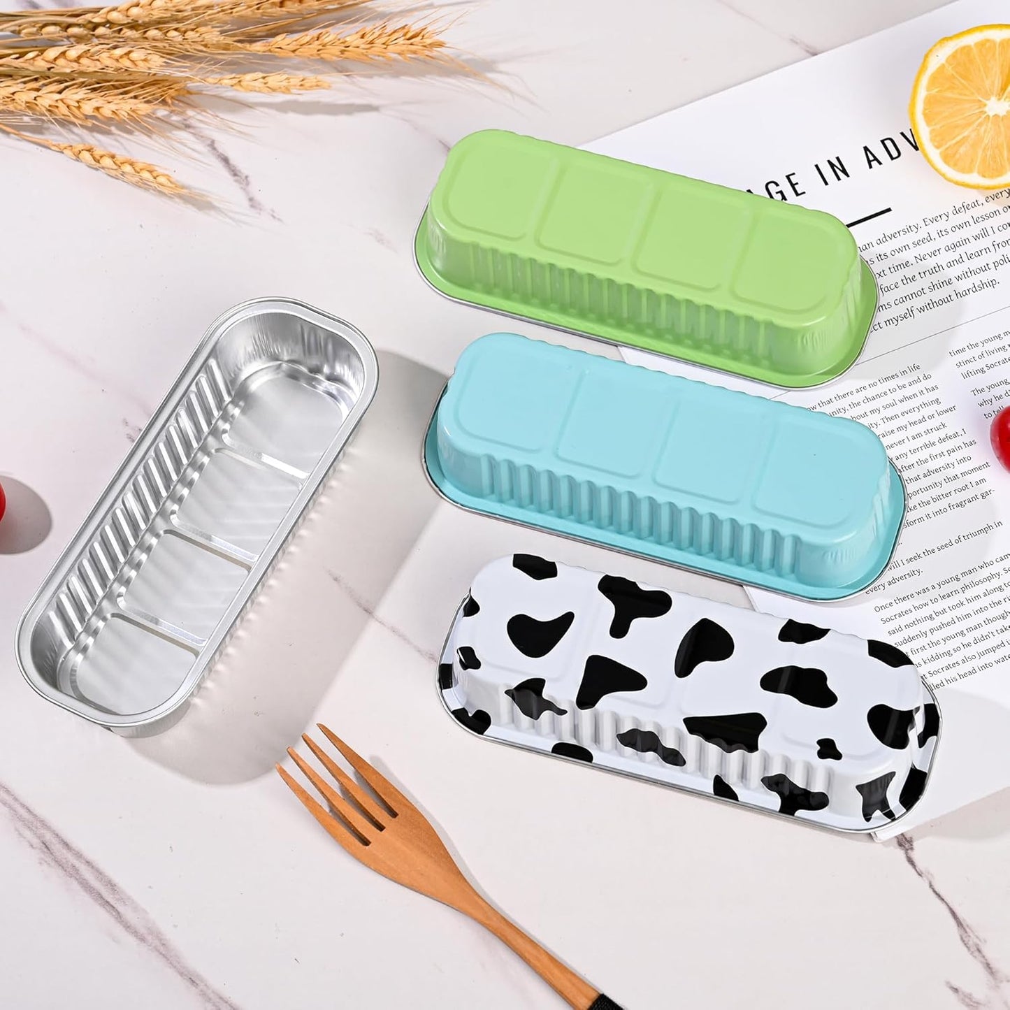Findful Mini Loaf Baking Pans with Lids and Spoons (50 Pack, 6.8oz) Rectangle Aluminum Foil Baking Pans Tins Containers - Cupcake Containers Wrappers Cheesecake Creme Brulee Ramekins