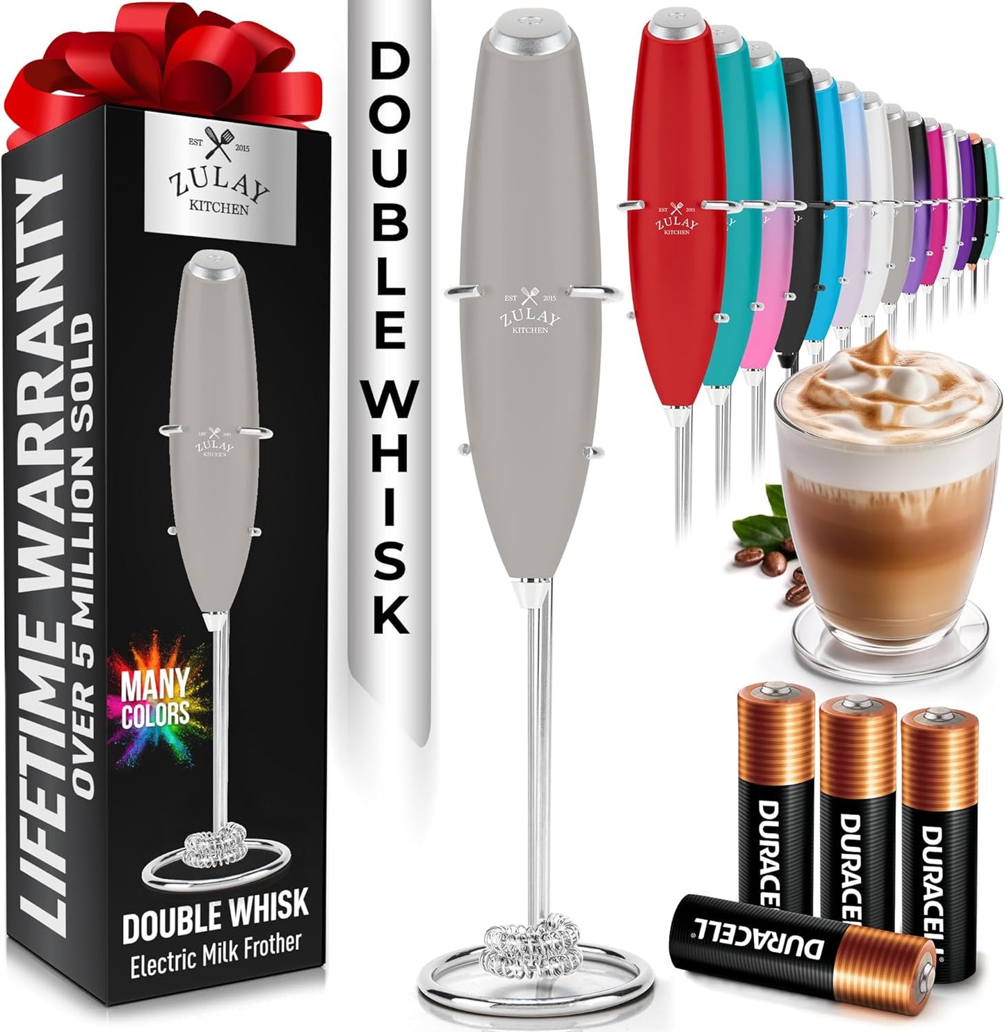 Zulay Kitchen Powerful Milk Frother Wand With Duracell Batteries - Ultra Fast Handheld Drink Mixer - Electric Whisk Foam Maker for Coffee, Lattes, Cappuccino & Matcha - Z1 Motor - Black - Colors D