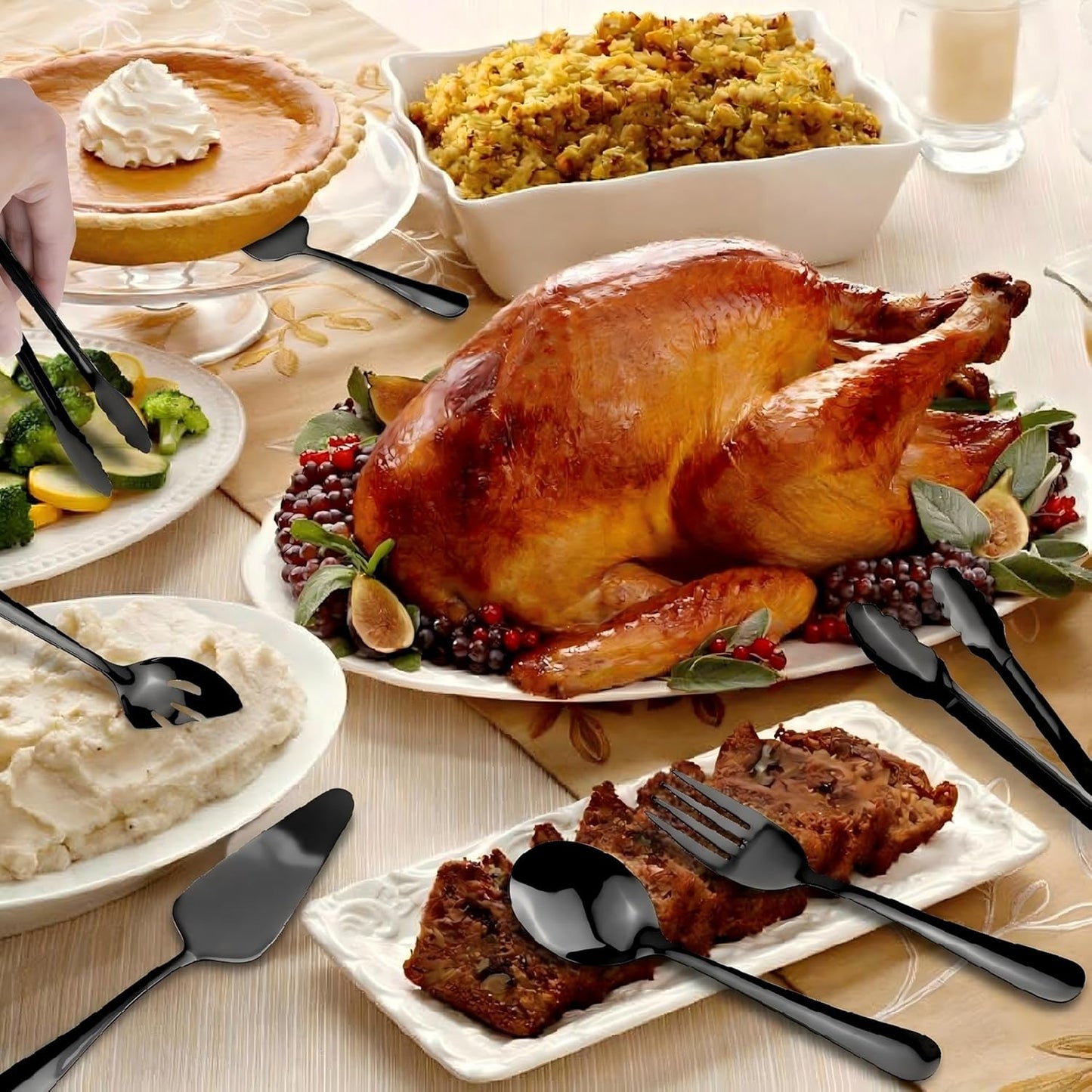 Serving Utensils, XEVOM 6-Piece Stainless Steel Serving Utensil Set Include Serving Spoon, Slotted Serving Spoon, Serving Fork,Serving Tong, Appetizers Tong,Pie Server (Silver), Regular