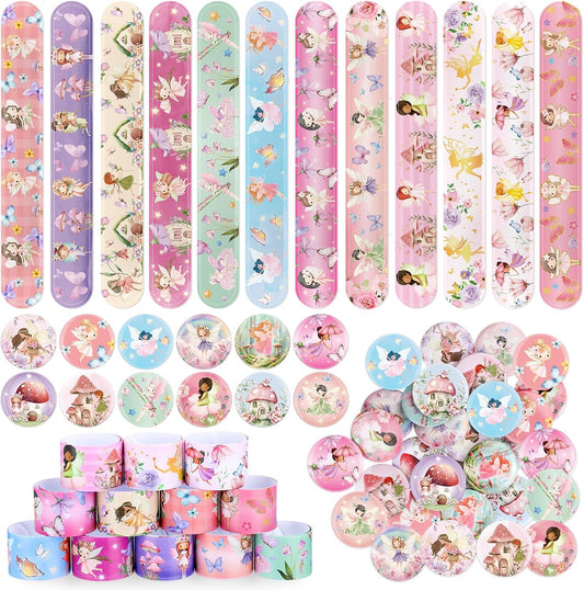 Funrous 48 Pcs Fairy Party Favors 24 Pink Mushroom Slap Bracelets Bulk and 24 Princess Theme Badges for First Birthdays Baby Showers Whimsical Woodland Party Supplies Gifts Classroom Rewards