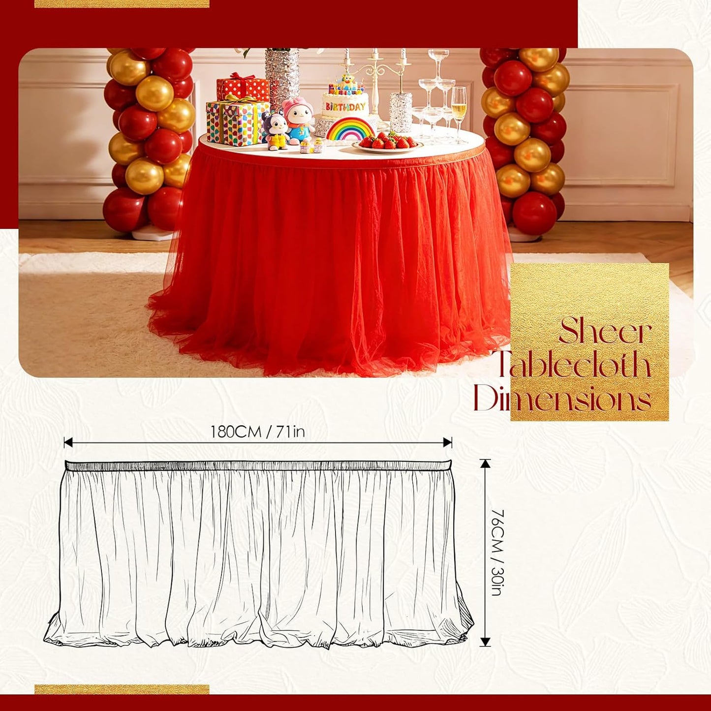 THARAHT Tulle Table Skirt 6FT 180CM Long for Rectangle Tables Round Tables Ruffle Desk Skirt for Princess Girls Birthday Party Cake Dessert Decorations Table Skirt