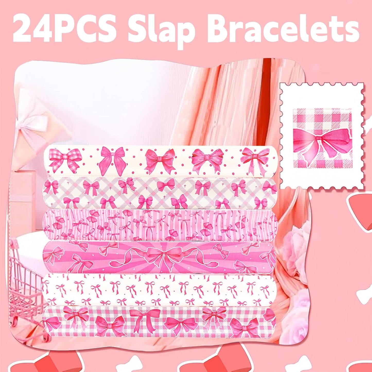 24PCS Bow Party Favors Bowkont Birthday Supplies Bowkont Theme Party Supplies Pink Bows Slap Bracelets