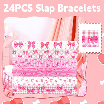 24PCS Bow Party Favors Bowkont Birthday Supplies Bowkont Theme Party Supplies Pink Bows Slap Bracelets
