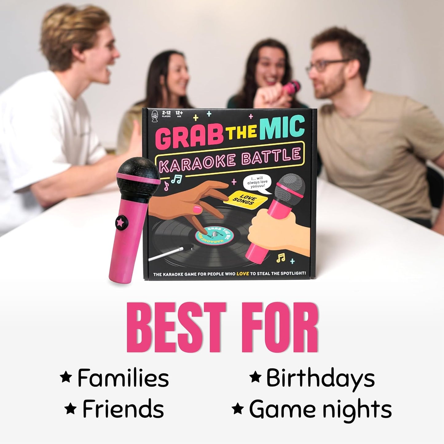 Lucky Egg Official Grab The Mic – Family Karaoke Board Game w/Foam Mic, 8+ Ages, 2-10 Players - Games for Bad Singers w/ 230 Lyrics (115 Cards)