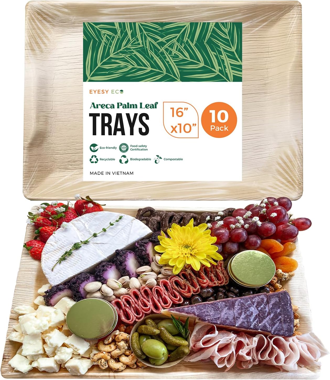 Palm Leaf Trays Disposable Bamboo Like Serving Platters 14" x 10" - Heavy Duty Charcuterie Boards Eco-Friendly Dinnerware for Parties, Weddings, Catering, Events (10 Pack)