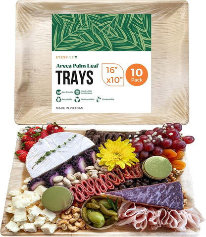 Palm Leaf Trays Disposable Bamboo Like Serving Platters 14" x 10" - Heavy Duty Charcuterie Boards Eco-Friendly Dinnerware for Parties, Weddings, Catering, Events (10 Pack)