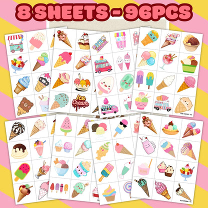 96PCS Ice Cream Temporary Tattoos for Kids - Pre-Cut No Scissors Needed - Sweet One Birthday Party Favors, Summer Pool Party Decorations, Goodie Bag Fillers, Classroom Prizes for Girls Boys