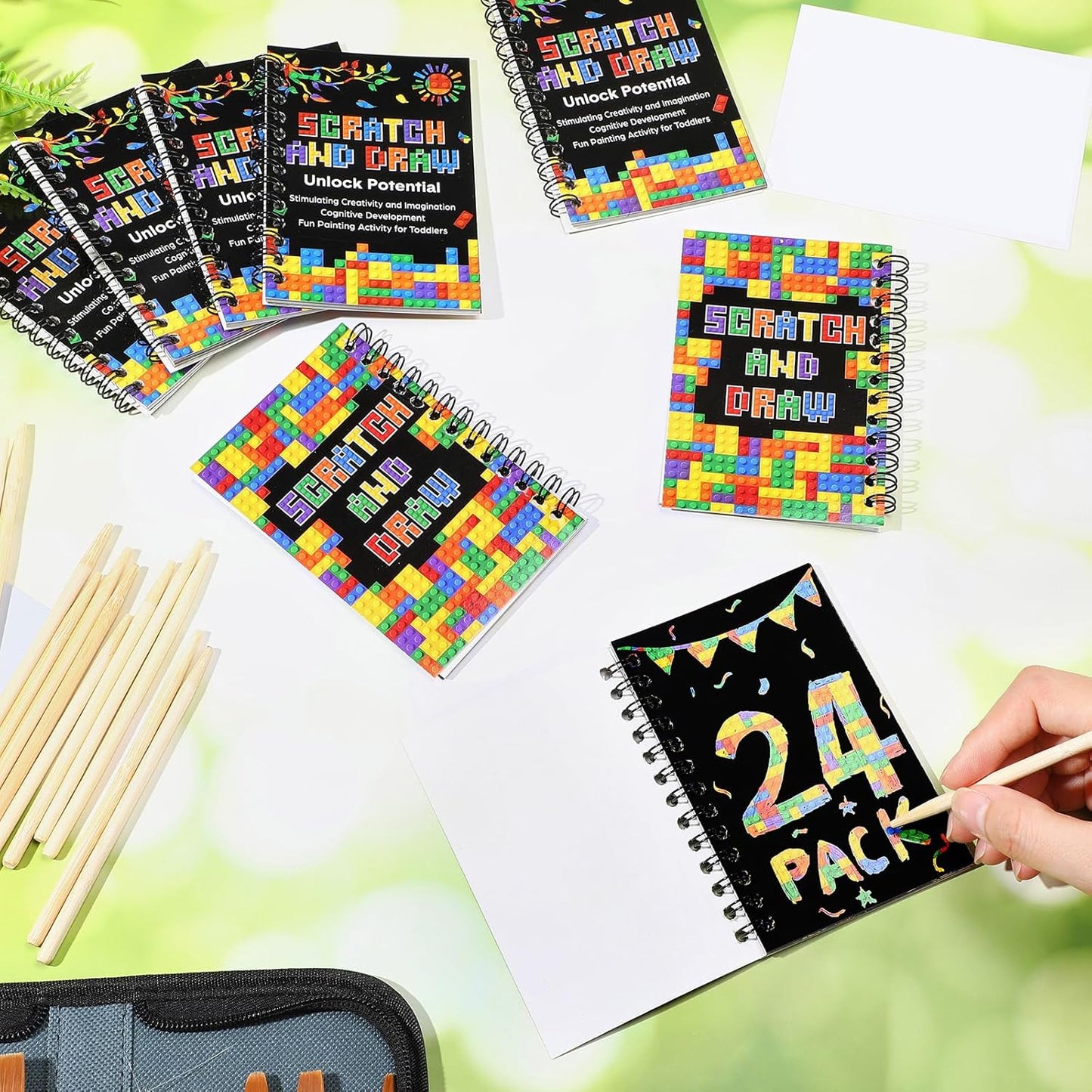 Pasimy 24 Set Scratch Art Party Favor Gifts Building Block Scratch Notebook Bulk Paper Craft for Classroom Prizes Goodie Bag Stuffer Christmas Birthday Party Favor