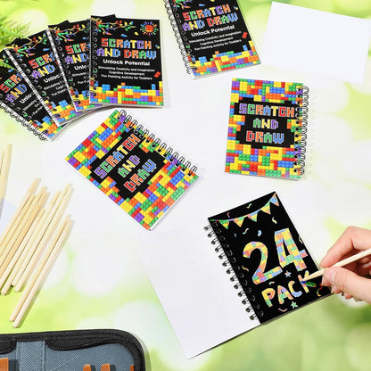 Pasimy 24 Set Scratch Art Party Favor Gifts Building Block Scratch Notebook Bulk Paper Craft for Classroom Prizes Goodie Bag Stuffer Christmas Birthday Party Favor
