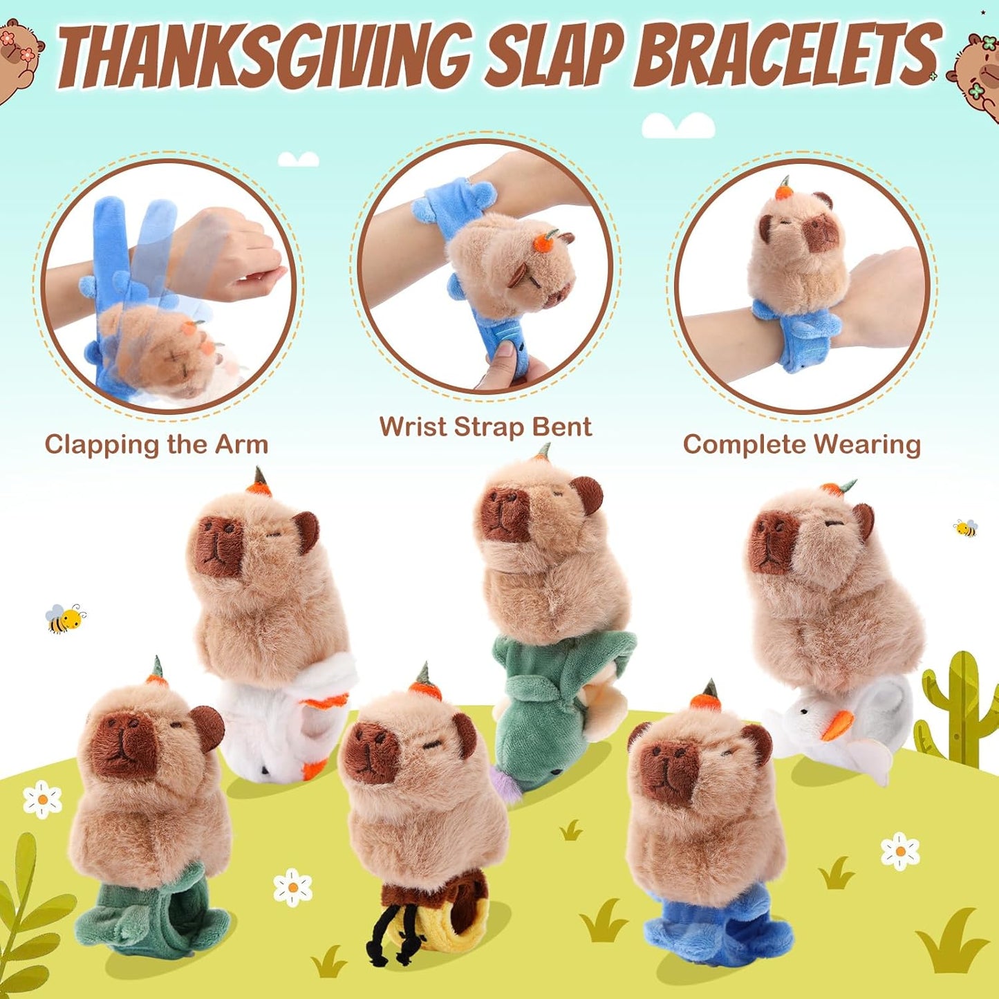 Soulchen 6 Pcs Cute Capybara Party Favors Slap Bracelets for Kids Stuffed Animal Plush Slap Bracelets Bulk Capybara Wrist Bands for Birthday Gifts Goodie Bag Fillers