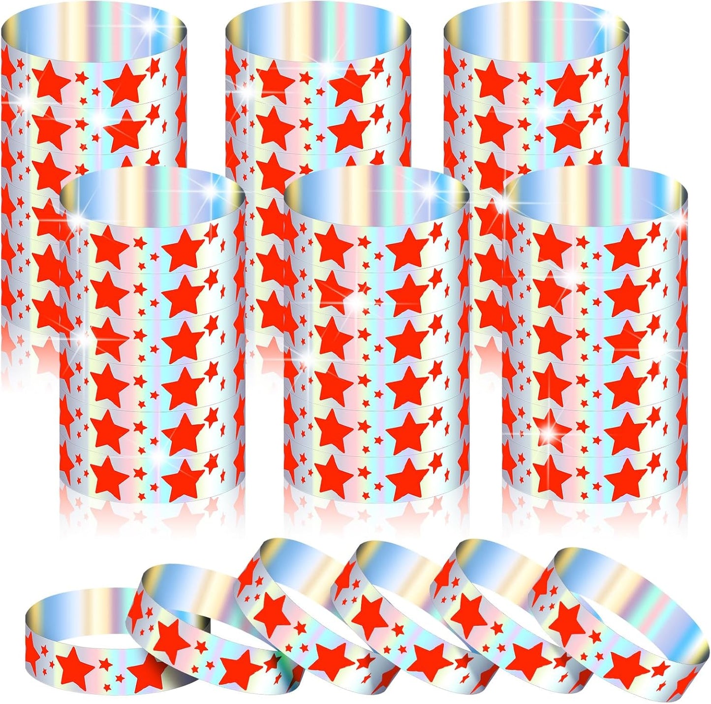 Glenmal 500 Pcs Wristbands for Event Neon Patriotic Star Wristbands Bulk for Events Plastic Waterproof Carnival Wrist Bands Adhesive Bracelet for 4th of July 250 Anniversary(Red)