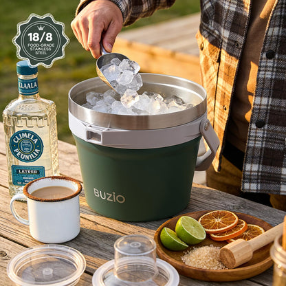 BUZIO 7 L Ice Bucket for Parties with Lid and Scoop & Tongs, Vacuum Insulated Stainless Steel Ice Buckets with Handle and Adjustable Shoulder Strap, Large Beverage Bucket for Cocktail Bar, Blue