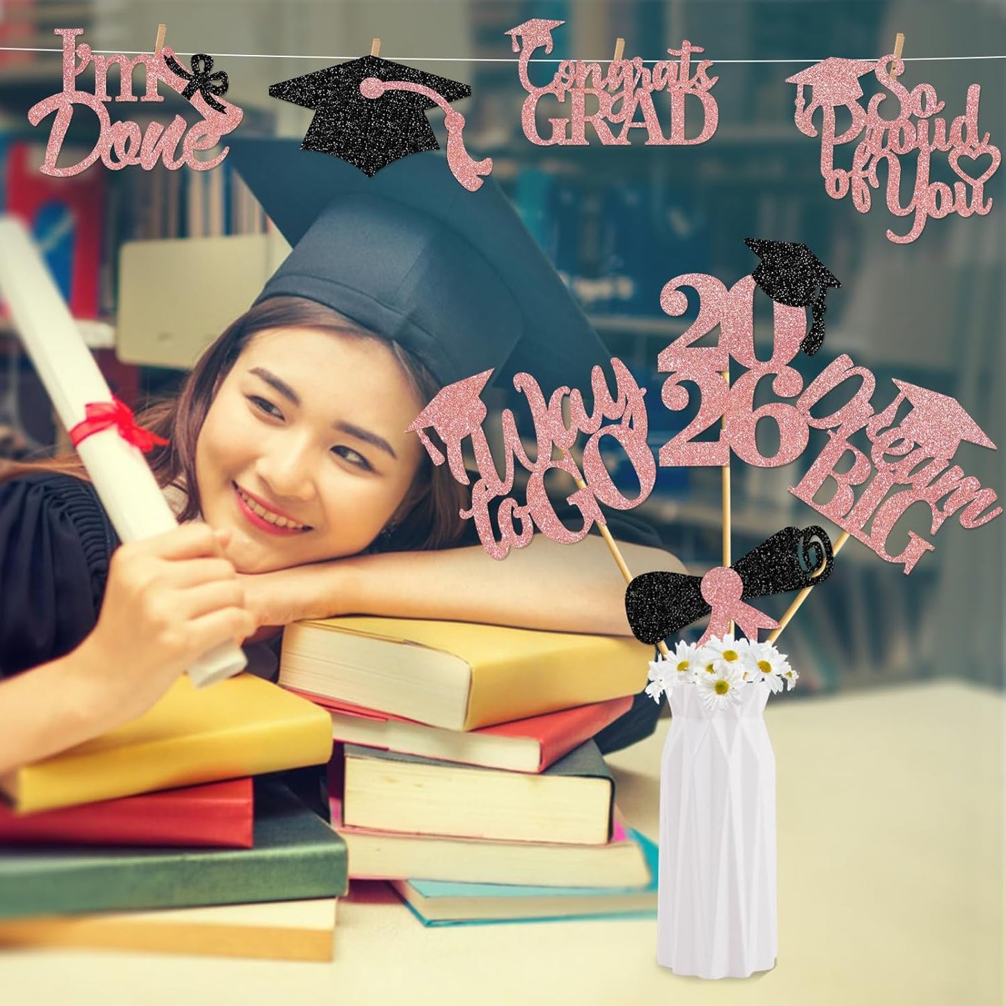 24Pcs Graduation Centerpieces for Tables: 2026 Graduation Centerpiece Sticks Class of 2026 for Grad Table Decorations Congrats Decorations (Black)