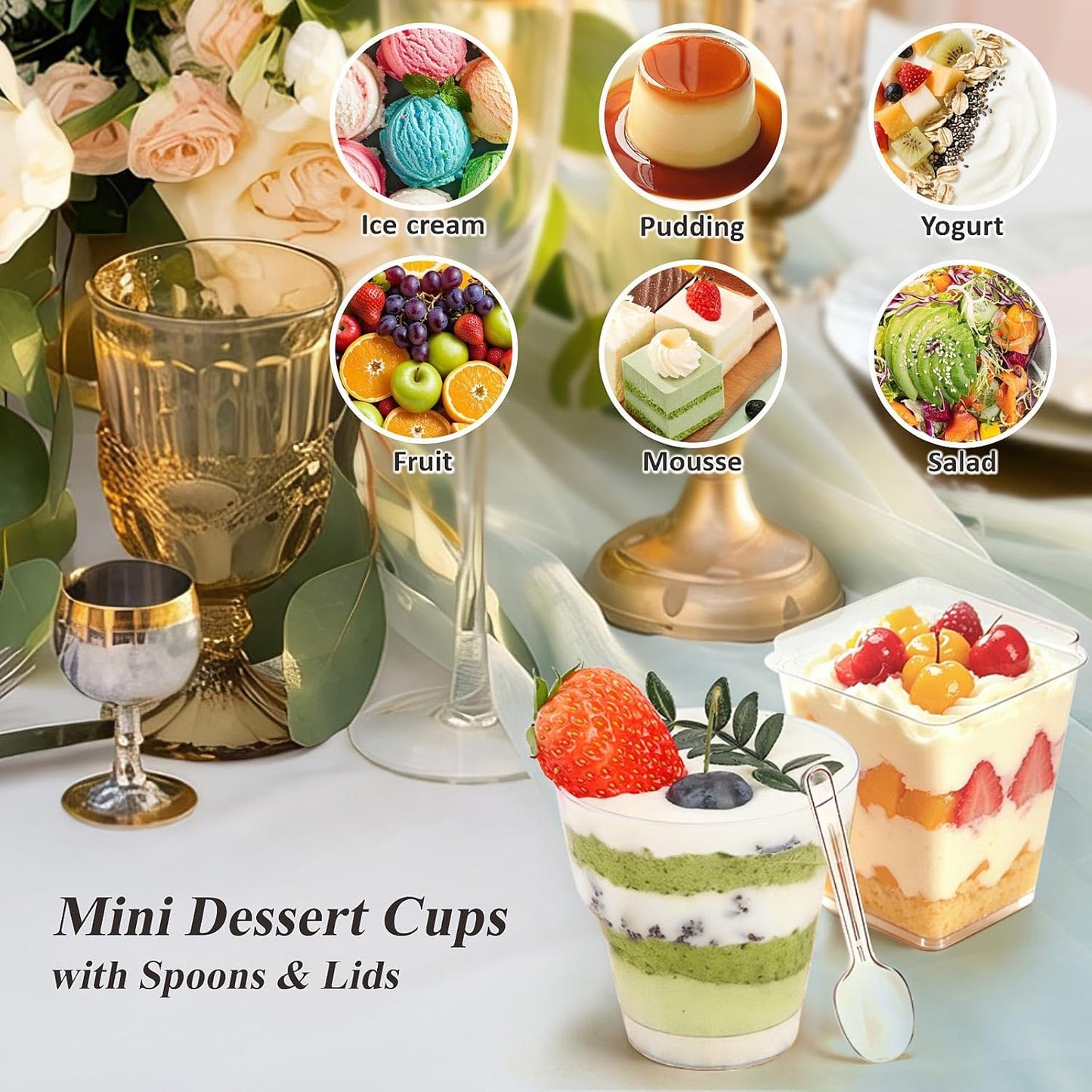 320-Pack Dessert Cups with Spoons 5 oz Mini Plastic Dessert Cups for Party Yogurt Parfait Jello Fruit Appetizer Cocktail Small Clear Reusable Square and Round Goblet-Shaped Dessert Bowls Shot Glasses
