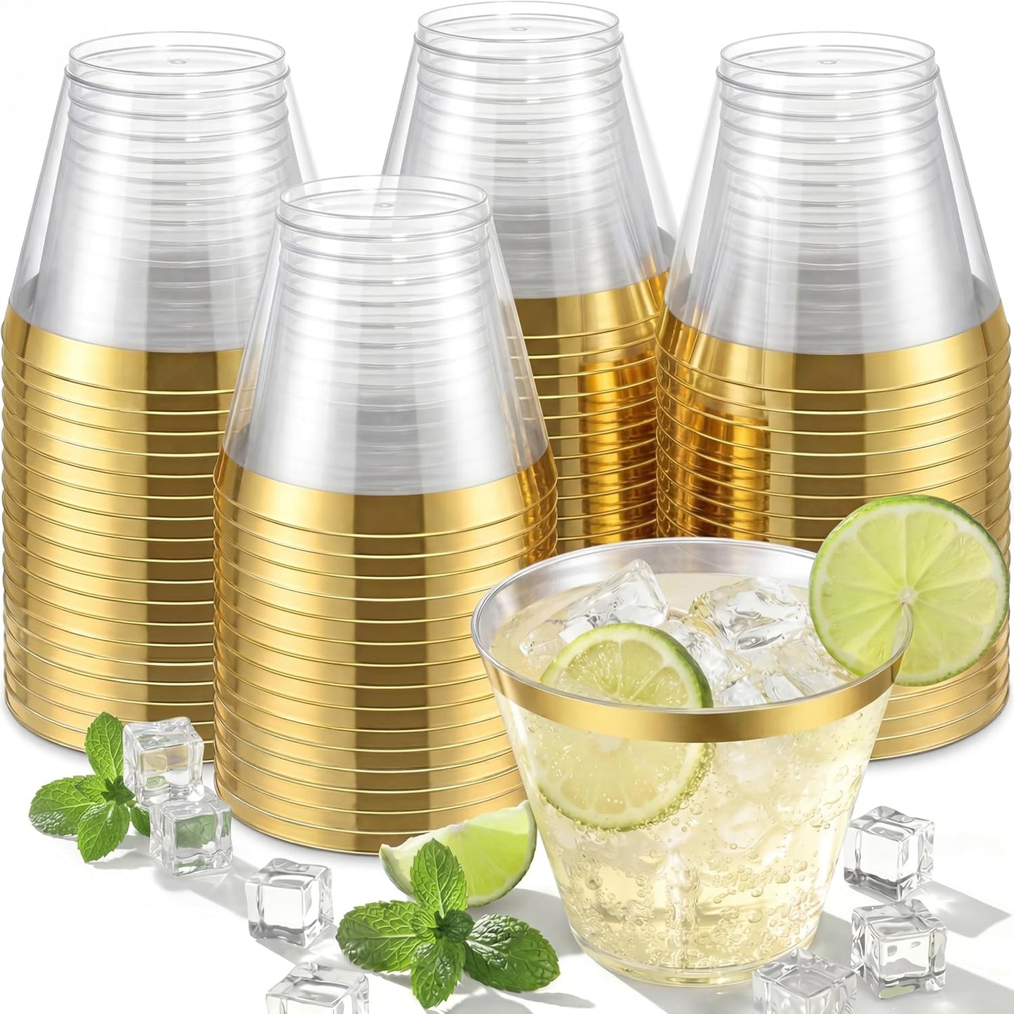 Nervure 120PCS Gold Plastic Cups - 9Oz Gold Rimmed Plastic Cups - Heavy Duty Disposable Clear Cup with Gold Rim Perfect for Weddings, Receptions & Parties