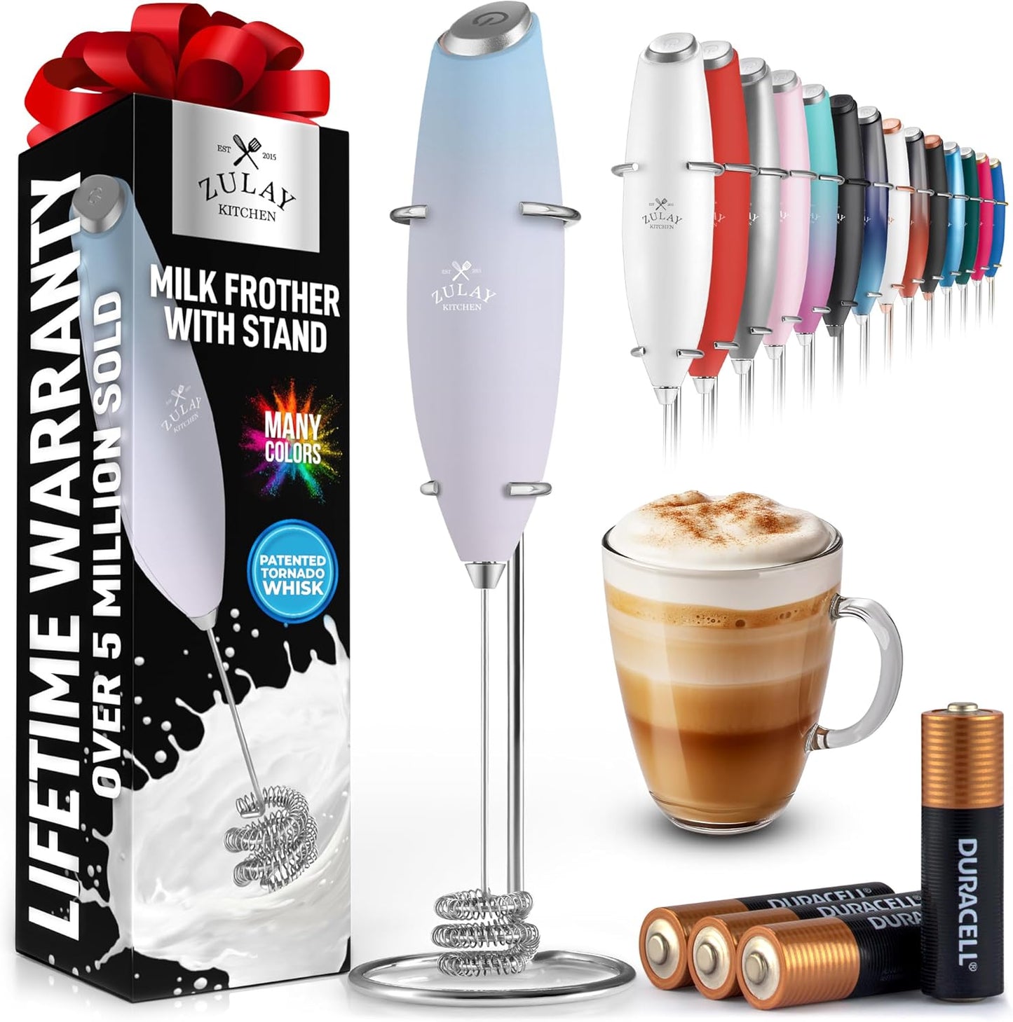 Zulay Kitchen Powerful Milk Frother Wand With Duracell Batteries - Ultra Fast Handheld Drink Mixer - Electric Whisk Foam Maker for Coffee, Lattes, Cappuccino & Matcha - Z1 Motor - Black - Colors A