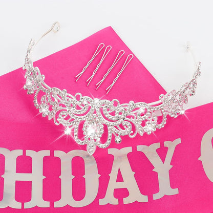 CIEHER Birthday Girl Crown and Sash - Rose Gold Tiara Birthday Decorations for Women and Girls
