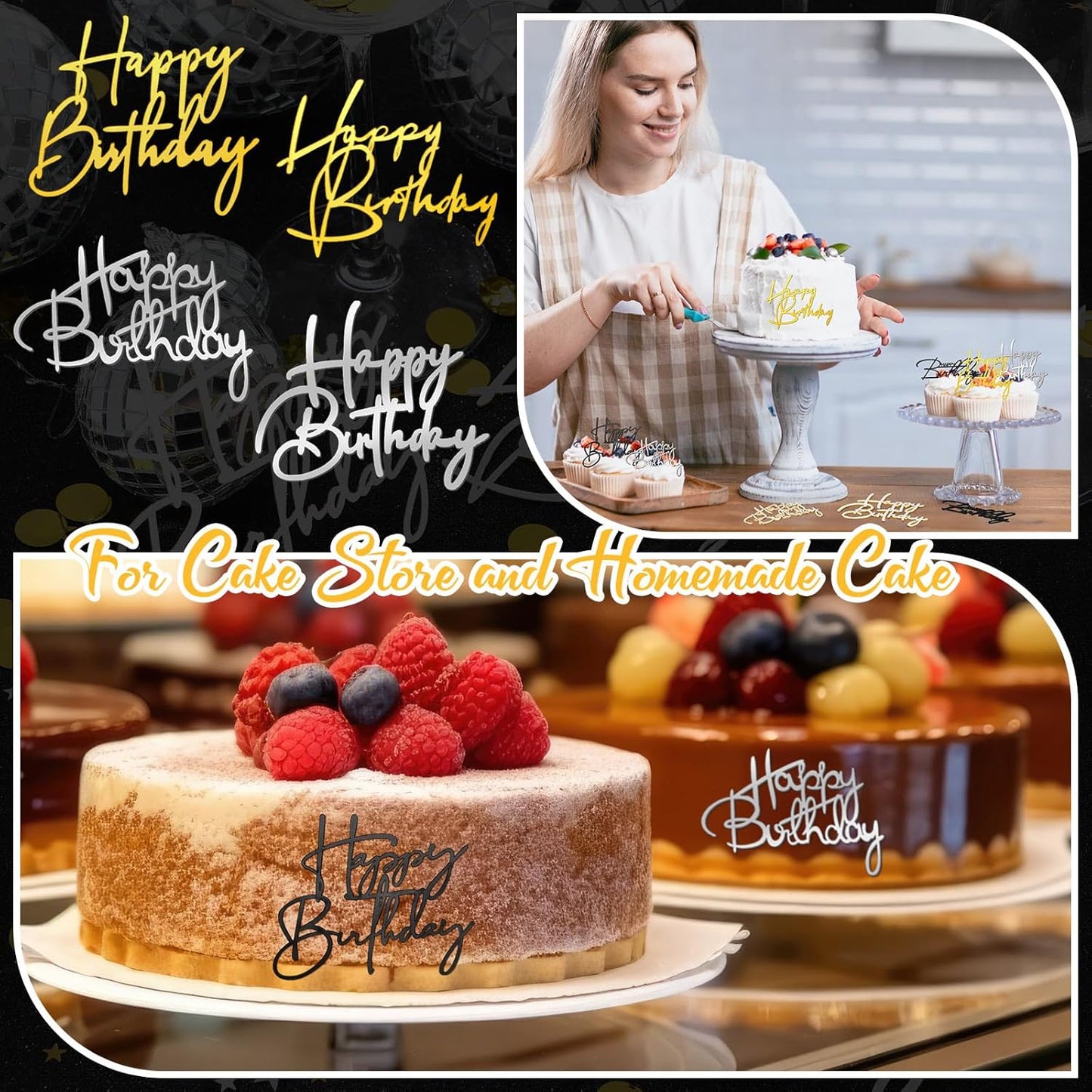Barydat 24 Pieces Gold Happy Birthday Cake Toppers Mirror Acrylic Cupcake Topper Happy Birthday Sign for Cake Side Cupcake Decorations, 6 Styles