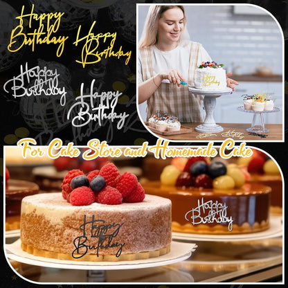 Barydat 24 Pieces Gold Happy Birthday Cake Toppers Mirror Acrylic Cupcake Topper Happy Birthday Sign for Cake Side Cupcake Decorations, 6 Styles