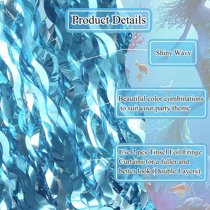 2 Pack Teal Blue Shiny Wavy Tinsel Foil Fringe Table Skirts Table Decorations for Mermaid Birthday Decorations,Under The Sea Party Decorations,Baby Shark Birthday Decorations