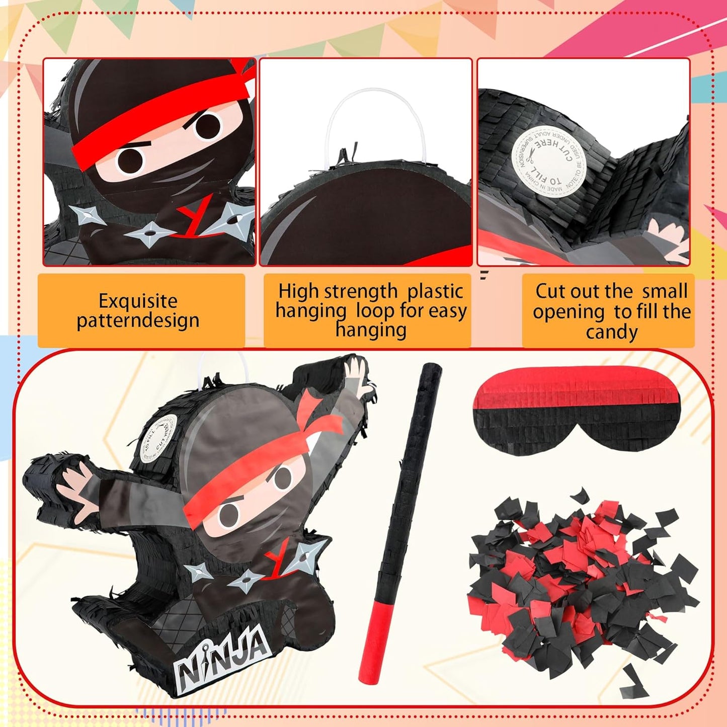 Ninja-Themed Piñata Black Ninja Pinata Bundle Paper Cool Warrior Design Pinata with Stick Blindfold Confetti for Birthday Party Decor Props