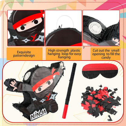 Ninja-Themed Piñata Black Ninja Pinata Bundle Paper Cool Warrior Design Pinata with Stick Blindfold Confetti for Birthday Party Decor Props