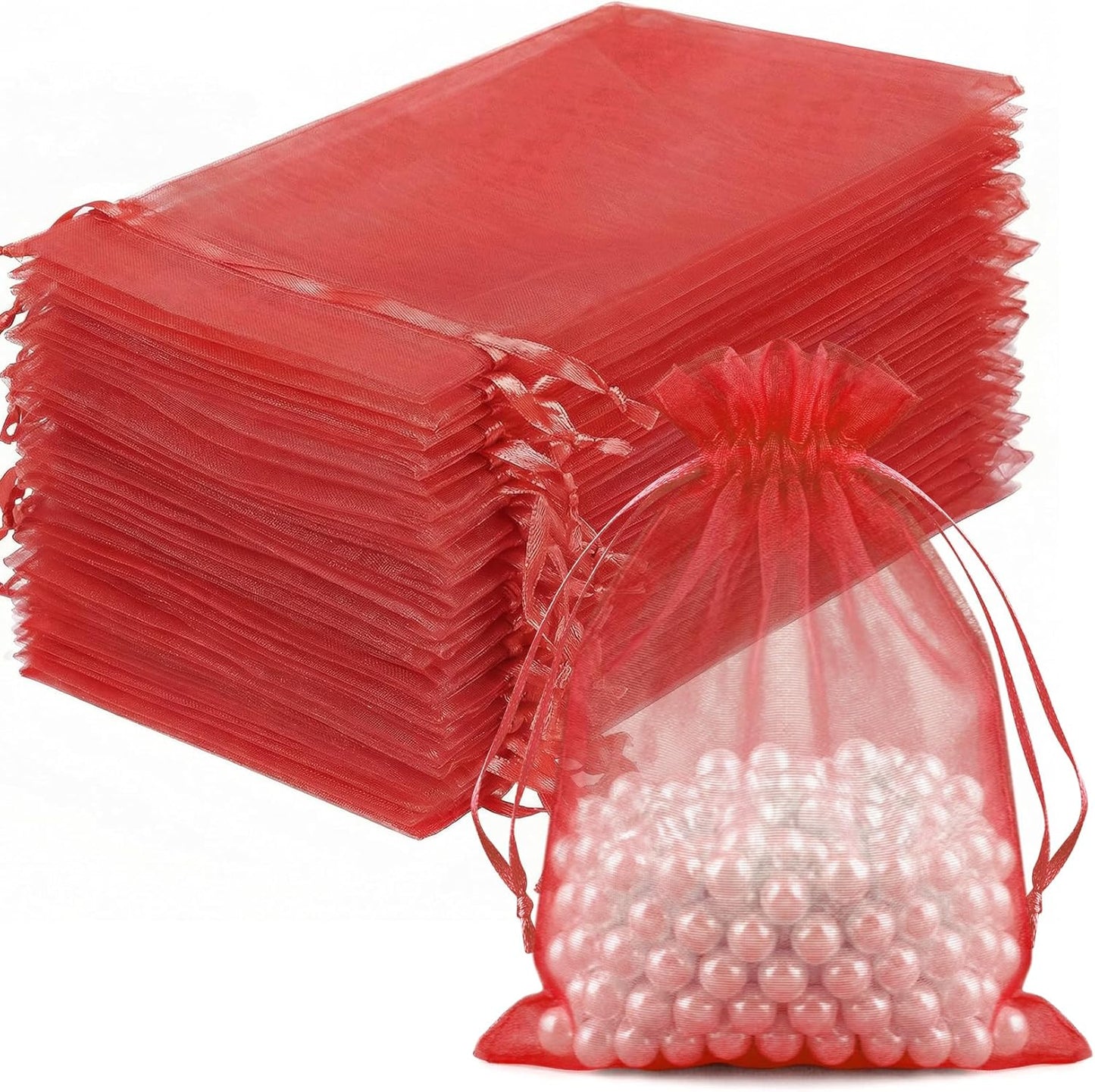 FUNFERY 100 Pcs White Organza Bags 3x4 in, Small Mesh Drawstring Gift Bags for Sachet, Jewelry, Wedding Favor, Candy Goodie Treat Bag,Easter Day
