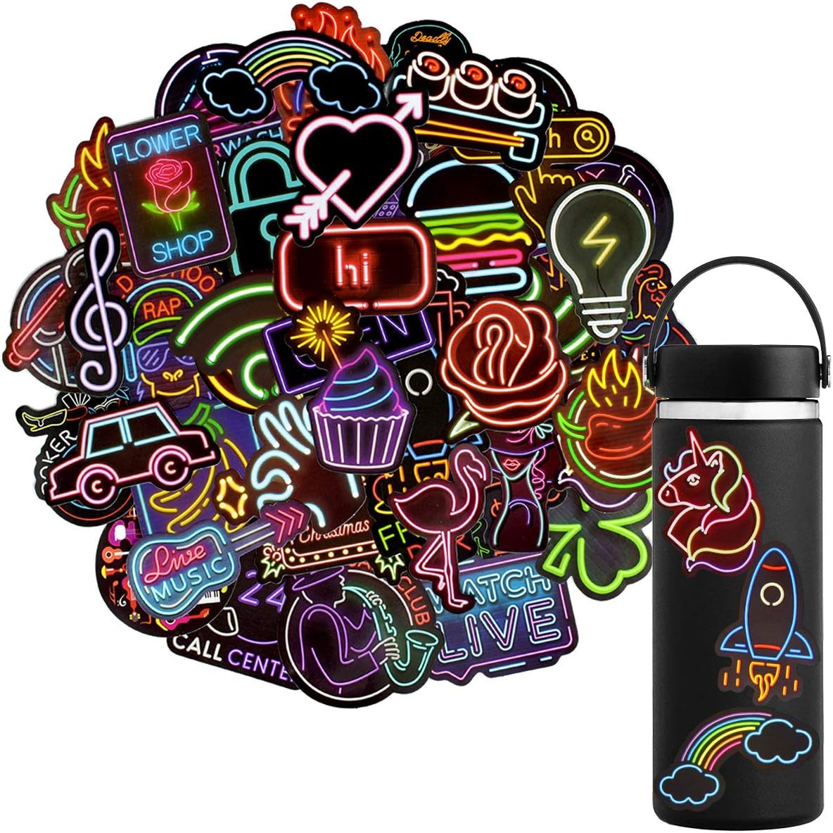 QTL Neon Stickers for Teens & Students Prizes, Waterproof Vinyl Party Favor Stickers, School Rewards, Water Bottle and Laptop, 50PCS - Colors B
