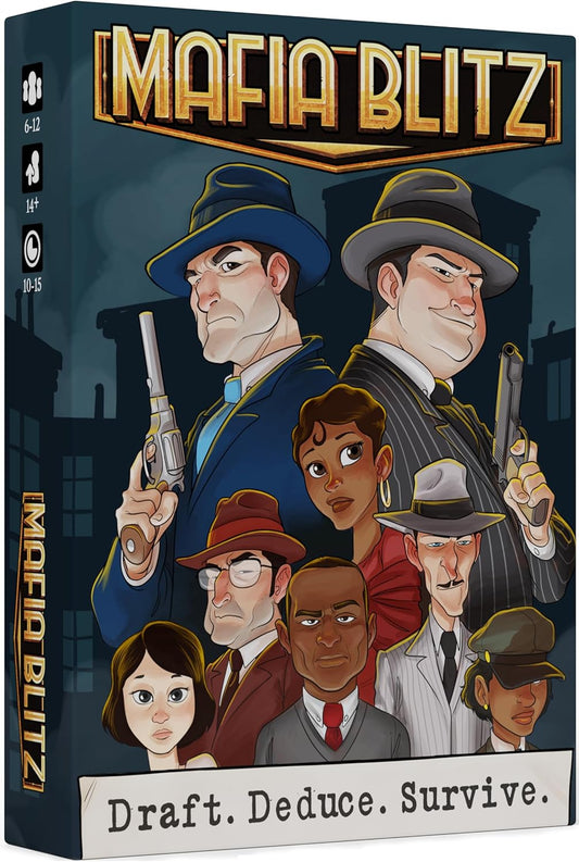 Mafia Blitz by Painted Cardboard Studios | Fast 10–15 Min Social Deduction Party Card Game | 6–12 Players | No Elimination, Role Drafting & Bluffing Fun | Ages 14+