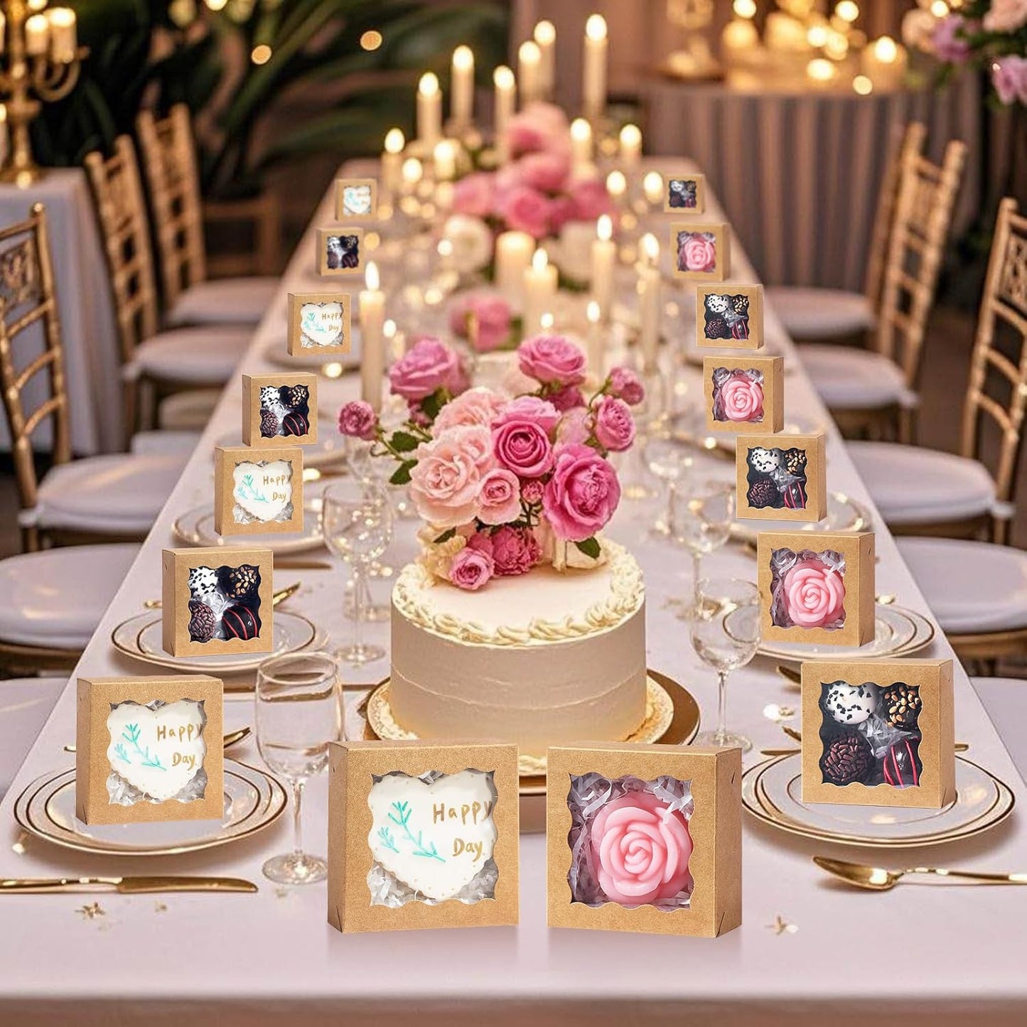 RomanticBaking 3 ¼" x 3 ¼" x 1 ½" 50PCS Chocolate Truffle Boxes for 4，Cookies Boxes Mini Bakery Boxes with Window for Brownie,Soap,Donut