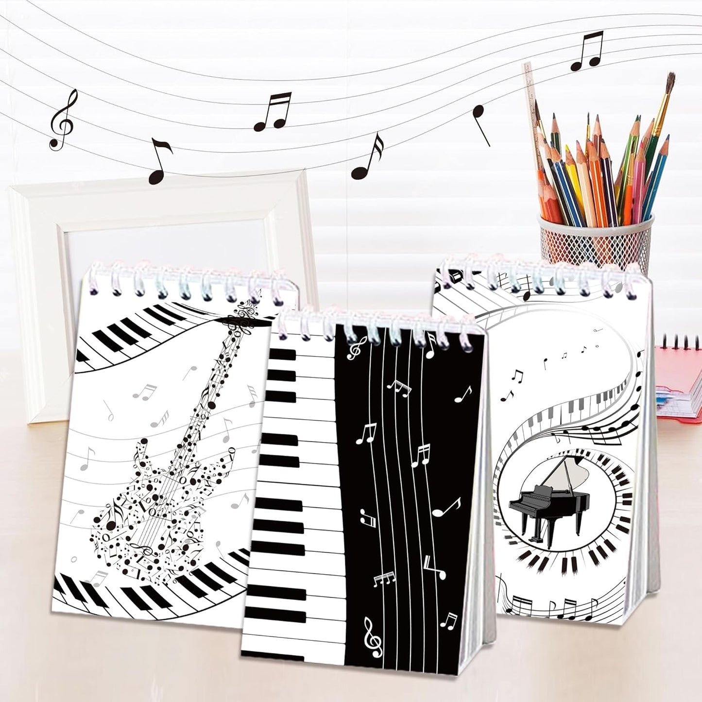 24 Pack Musical Notes Mini Spiral Notebook, Black and White Piano Pocket Notebook for Classroom Students Rewards, 16 Pages Portable Office Meeting Supplies