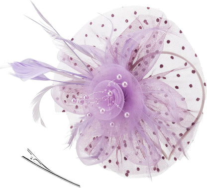 DRESHOW Fascinators Hat Flower Mesh Ribbons Feathers on a Headband and a Clip Tea Party Headwear for Girls and Women - Colors A