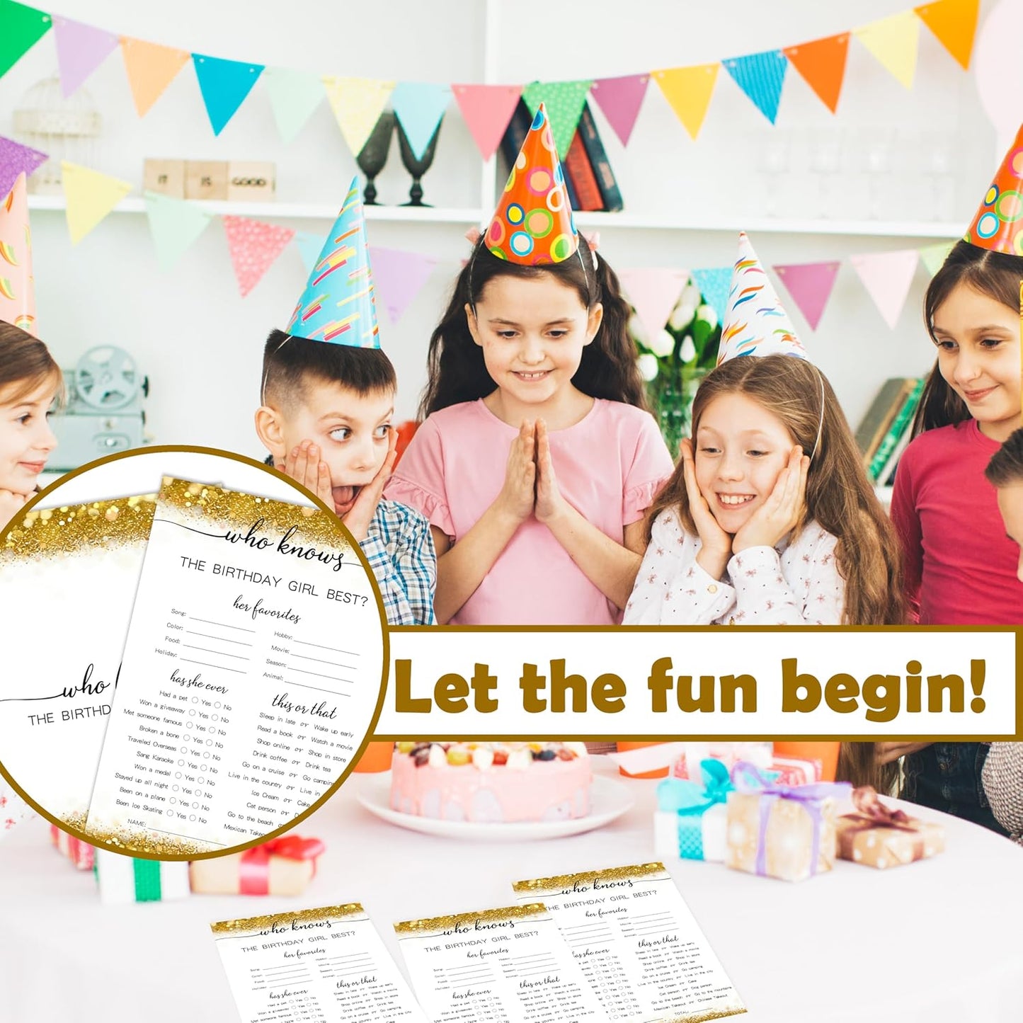 Gold Glitter Birthday Party Game Cards Set, Ever or Never, for Girl Birthdays Supplies, Activity Decorations Double Sided Set of 30 Pcs