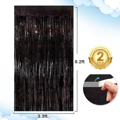 Black Fringe Curtain Party Streamers 2Pack 3.3x8.3 Ft Foil Fringe Backdrop Curtains for Birthday Wedding Bridal Baby Shower Halloween Decor Tinsel Streamers Black Party Decorations Door Streamers